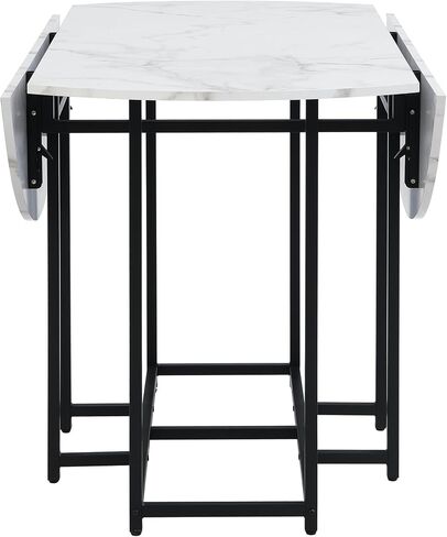 Merax Space-Saving Dining Room Table Set for 4, Extendable Dining Table Round Faux Marble Top with Golden Frame, 4 Upholstered Chairs, Compact Foldable Design for Small Space, White+Beige in Saudi Arabia