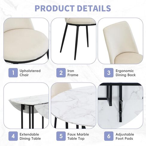 Merax Space-Saving Dining Room Table Set for 4, Extendable Dining Table Round Faux Marble Top with Golden Frame, 4 Upholstered Chairs, Compact Foldable Design for Small Space, White+Beige in Saudi Arabia