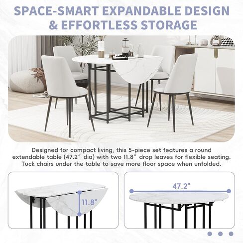 Merax Space-Saving Dining Room Table Set for 4, Extendable Dining Table Round Faux Marble Top with Golden Frame, 4 Upholstered Chairs, Compact Foldable Design for Small Space, White+Beige in Saudi Arabia
