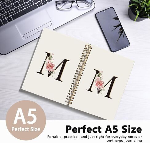 Initial Letter M Notebook, Pink Gold Flower Personalized Monogram Notebook, Pink Floral Monogrammed Journal Gifts for Women, Customized Spiral Notebook, 5.5x8.3 Inch in Saudi Arabia