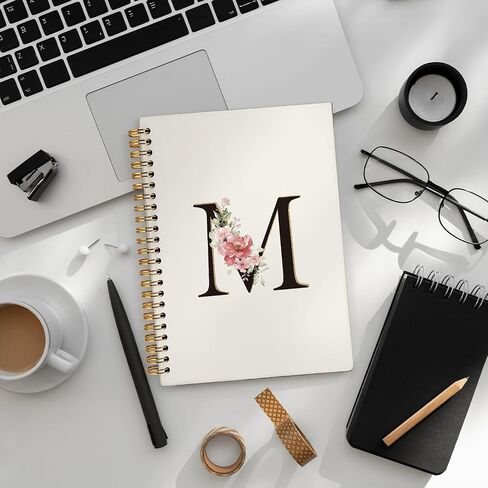 Initial Letter M Notebook, Pink Gold Flower Personalized Monogram Notebook, Pink Floral Monogrammed Journal Gifts for Women, Customized Spiral Notebook, 5.5x8.3 Inch in Saudi Arabia