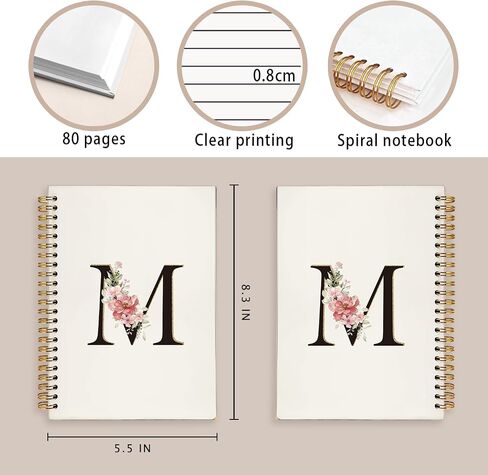 Initial Letter M Notebook, Pink Gold Flower Personalized Monogram Notebook, Pink Floral Monogrammed Journal Gifts for Women, Customized Spiral Notebook, 5.5x8.3 Inch in Saudi Arabia