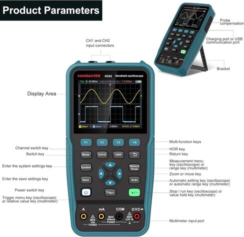 HANMATEK 3 in 1 Handheld Oscilloscope Multimeter,Waveform Generator HO51 with 3.5" TFT Oscilloscop, Auto-Calibration Function, Memory Function, Multi Tester in Kuwait