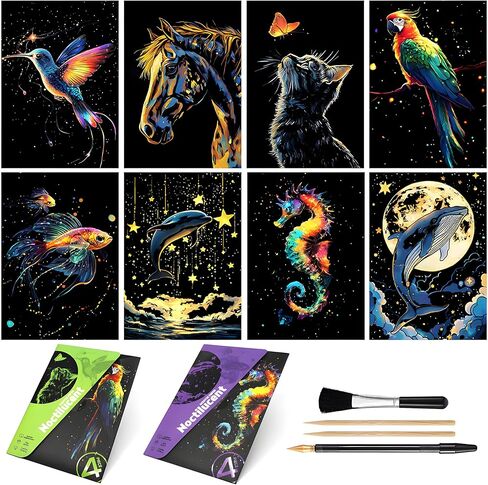 Glow in The Dark Scratch Art Kit - 8 Sheet Rainbow Scratchboards(A5) | Creative Engraving Craft Supplies for Teens & Adults | DIY Projects & Sketching Activity | ASMR Stress-Relieving(Castles/Animals) in Saudi Arabia