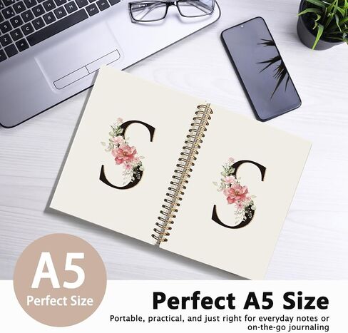 Initial Letter M Notebook, Pink Gold Flower Personalized Monogram Notebook, Pink Floral Monogrammed Journal Gifts for Women, Customized Spiral Notebook, 5.5x8.3 Inch in Saudi Arabia