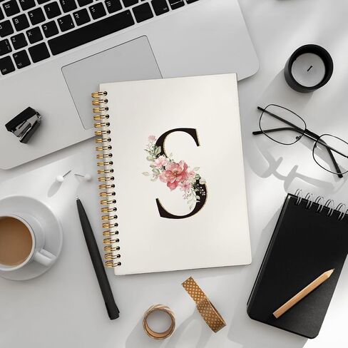 Initial Letter M Notebook, Pink Gold Flower Personalized Monogram Notebook, Pink Floral Monogrammed Journal Gifts for Women, Customized Spiral Notebook, 5.5x8.3 Inch in Saudi Arabia