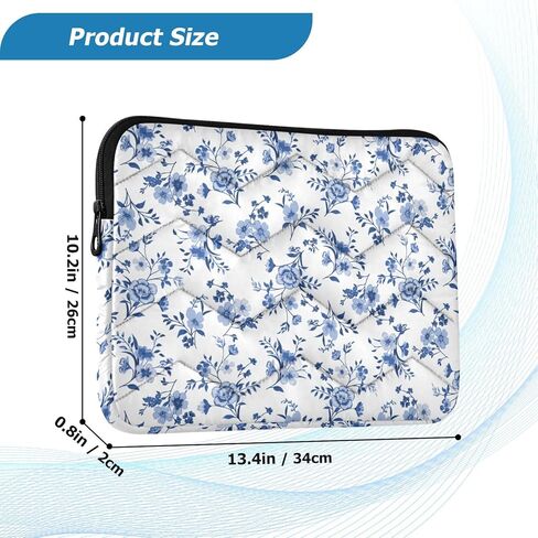 Retro Blue White Flower Puffy Laptop Sleeve for 13-14 Inch MacBook, Quilted Design Cute Puffer Bag Soft Lightweight Laptop Case for Man Women 360°Protective Laptop Sleeve, A06D24018 in Kuwait