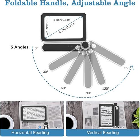 Moko مكبرة الزجاج للقراءة ، 4x قابلة لإعادة الشحن الكامل صفحة الكتب ، والزجاج المكبرة مع أوضاع 3 ، قابلة للطي القراءة مكونة من كبار السن الرؤى المنخفضة ، الأسود in Kuwait