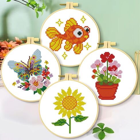 Zhenqing 4-Pack Floral Cross Stitch Kits – 11CT 20x20cm Aida Cloth with Iris, Sunflower & Butterfly Designs – Vibrant Home Decor Embroidery Set（68157） in Kuwait