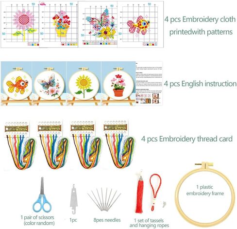 Zhenqing 4-Pack Floral Cross Stitch Kits – 11CT 20x20cm Aida Cloth with Iris, Sunflower & Butterfly Designs – Vibrant Home Decor Embroidery Set（68157） in Kuwait