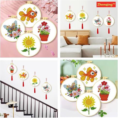 Zhenqing 4-Pack Floral Cross Stitch Kits – 11CT 20x20cm Aida Cloth with Iris, Sunflower & Butterfly Designs – Vibrant Home Decor Embroidery Set（68157） in Kuwait