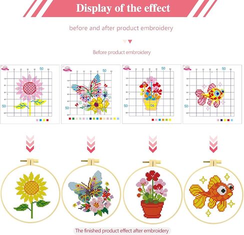 Zhenqing 4-Pack Floral Cross Stitch Kits – 11CT 20x20cm Aida Cloth with Iris, Sunflower & Butterfly Designs – Vibrant Home Decor Embroidery Set（68157） in Kuwait