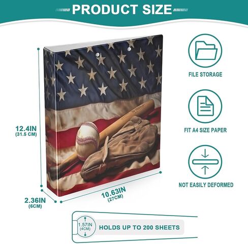 American Flag Baseball 3 Ring Binder 1.5 بوصة مستديرة ، يحمل 200 ورقة ، موثق متعدد الاستخدامات مع 3 جيوب داخل Office Home ، 1 حزمة in Kuwait