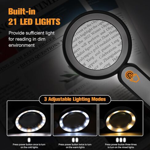 MoKo Magnifying Glass for Reading, Rechargeable 4X Full Page Book Magnifier, Magnifying Glass with Light 3 Modes, Folding Handheld Reading Magnifiers for Seniors Elderly Low Visions,Black in Saudi Arabia