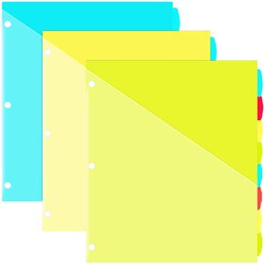 8-Tab Plastic Binder Dividers with Front Pockets - 3 Sets, 24 pcs Multicolor Pocket dividers for 3-Ring Binders, dividers with tabs