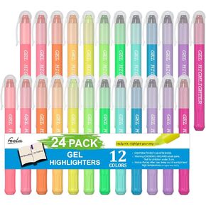 feela 24 Pack Gel Highlighters, 12 Assorted Colors Bible Highlighter Markers Journaling Supplies, No Bleed Through For Highlighting Journal School Office