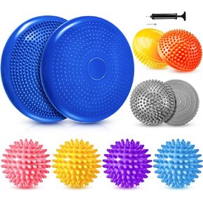 Meooeck Inflatable Wobble Cushion Set for Sensory Kids Balance Disc with 3 Balance Pods and 4 Spiky Massage Balls, Wiggle Seat Stepping Pads for Adults, Kids, Dogs Exercise Stability