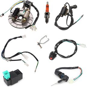 ATV Rebuild Kit Kick Start Dirt Pit Bike Wire Harness Wiring Loom Ignition Coil 2 coil Magneto stator plate CDI MagnetoSpark Plug for 50cc -125cc ATV Quad Bike Buggy Go Kart