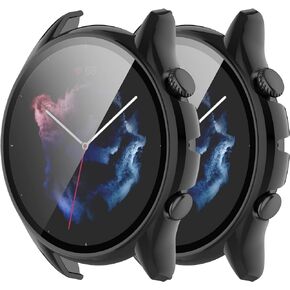 [2Pack] Case Compatible with Amazfit GTR 3 & GTR 3 Pro, Case with Screen Protector [Tempered Glass] Full Around Hard PC Protective Case for Amazfit GTR 3 Smartwatch,Black