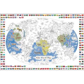 Kids World Map Coloring Poster - 35 x 52 Inches Jumbo Coloring Poster With World Flags for Classroom, Home, Birthday Parties or Other Events