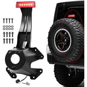 Spare Tire Holder Mounting Bracket with Screws ＆ Third Center High Mount Brake Light with Wiring Harness Compatible with 2007-2018 Jeep Wrangler JK Replaces 68048581AA, 55397217AJ (Red)