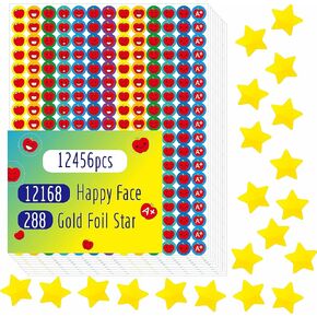12456 Pcs Happy Face Star Stickers Mega Bundle in 14 Colors and 10 Designs for Reward Behavior Chart (Each Measures 3/8")