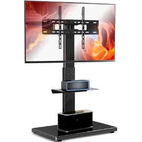 YOMT Floor TV Stand with Mount Wood Base Tall Corner TV Stand for Most 32-75 Inch TVs up to 110 lbs, Swivel TV Mount Stand with Adjustable Shelf for Bedroom and Living Room, Black