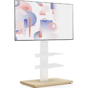 YOMT Floor TV Stand with Sturdy Wood Base, Tall Universal TV Stand with Mount for Most 32-75 inch TVs up to 110 lbs, Height Adjustable TV Stand with Swivel, TV Mount Stand with Media Shelves, Black
