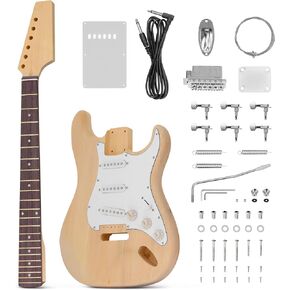 Pyle Unfinished Electric Guitar Kit - You Build The Instrument, Maple Neck With A Fretted Technical Wood Fingerboard, Basswood Body w/Sanding Sealer, Includes All Parts And Instructions - Pyle