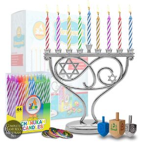 Ner Mitzvah Mini Menorah Set - Menorah, 44 Mini Candles, 3 Dreidels, Play Coins