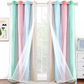 Kinryb Kids Blackout Curtains for Bedroom/Living Room/Classroom, Sheer Overlay 2 Panel Set, Double Layer Curtains with Star Cutout for Kids Room(Each Piece W 70 x L 84 Inches 2 PCs Silver Grey)