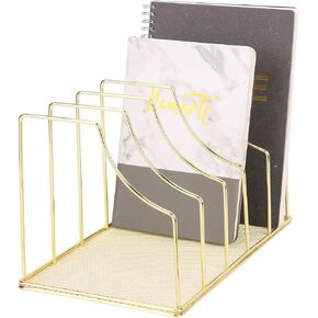 Simmer Stone File Sorter Organizer, 5 Section Magazine Holder Rack, Desktop Wire Book Stand for Mail, Paper, Document, Folder, Record and Desk Accessories, Gold