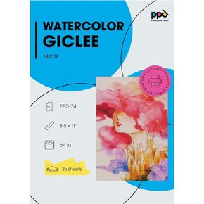 PPD Watercolor Printer Paper, Printable Fine Art Paper for Inkjet Printer, Textured Giclee Archival Acid Free Paper 8.5 x 11, Professional Grade, Heavyweight 240 gsm/64 lb (25 Sheets)