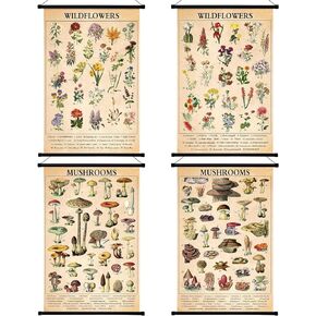Lewtemi 4 Pcs Vintage Mushroom Wildflowers Poster Fungus Butterfly Tree Wall Hanging Poster Prints Illustrative Reference Chart Poster for Classroom Living Room Decor, 15.7 x 23.6 Inch(Cute, Vivid)