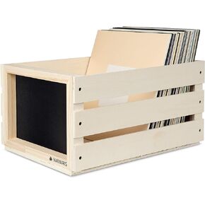 Navaris Wood Record Crate - Vinyl Album Storage Holder Box Wooden Case with Chalkboard Sign Board - Holds up to 80 LP Records - Natural