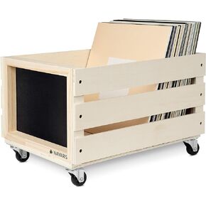 Navaris Wood Record Crate with Wheels - Vinyl Album Storage Holder Box Wooden Case with Chalkboard Sign Board - Holds up to 80 LP Records - Dark Brown