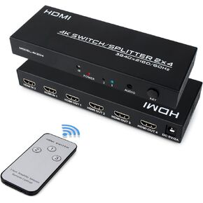 4K HDMI Switch Splitter 2 in 4 Out, 4K@60Hz 2x4 HDMI Splitter Switch with Remote, 3.5mm and SPDIF Audio Output, Support 4K HDR 3D HDMI 2.0 HDCP 2.2 for PC,Laptop,PS4,Xbox,HDTV