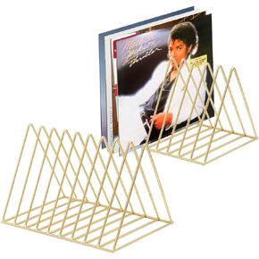 مثلث رف تخزين الفينيل من Skywin Record - حامل سجل الفينيل يحمل ما يصل إلى 60 ألبومًا - رف الفينيل الموفر للمساحة يتيح لك الحصول على الألبومات بسهولة (3 عبوات، ذهبي)