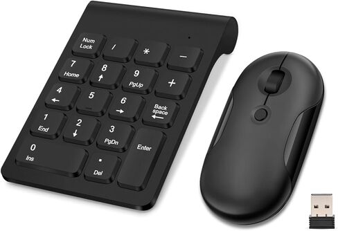 مجموعة لوحة مفاتيح وماوس رقمية لاسلكية من TRELC، لوحة أرقام صغيرة 2.4G 18 مفتاحًا مع ماوس صامت، ملحقات لوحة المفاتيح Numpad لإدخال بيانات المحاسبة المالية لأجهزة الكمبيوتر المحمول والكمبيوتر الشخصي وسطح المكتب والكمبيوتر المحمول (أسود) in Kuwait