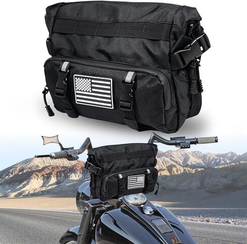 حقيبة دراجة نارية قابلة للتوسيع، حقيبة مقود دراجة نارية عالمية، حقيبة أدوات مقاومة للماء بعلم أمريكي 1680D وحقيبة شوكة وحقيبة سيسي بار للدراجات النارية كروزر سوفتيل سبورتسترز الدراجة الترابية باللون الأسود in Kuwait