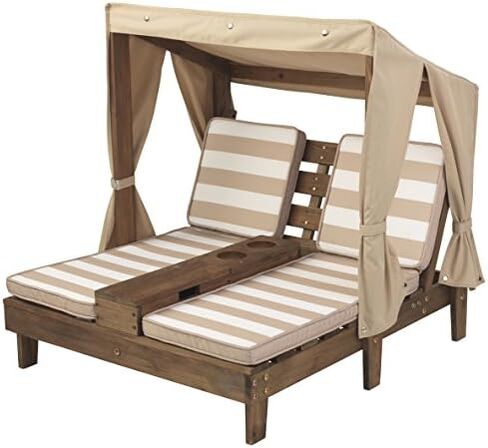 KidKraft Wooden Outdoor Double Chaise Lounge with Cup Holders, Patio Furniture for Kids or Pets, Espresso with Oatmeal and White Striped Fabric in Saudi Arabia