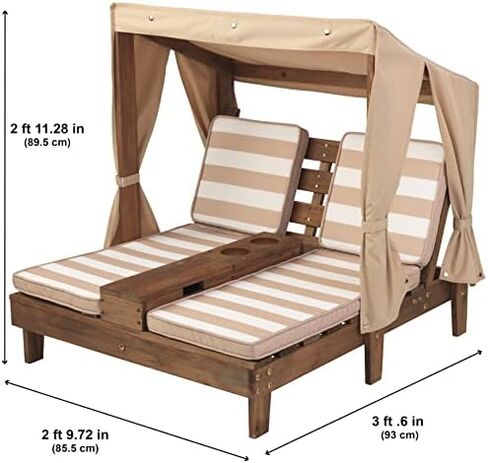 KidKraft Wooden Outdoor Double Chaise Lounge with Cup Holders, Patio Furniture for Kids or Pets, Espresso with Oatmeal and White Striped Fabric in Saudi Arabia