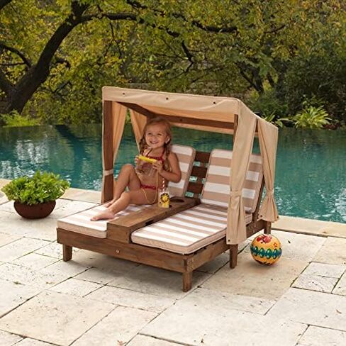 KidKraft Wooden Outdoor Double Chaise Lounge with Cup Holders, Patio Furniture for Kids or Pets, Espresso with Oatmeal and White Striped Fabric in Saudi Arabia