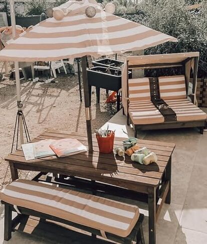 KidKraft Wooden Outdoor Double Chaise Lounge with Cup Holders, Patio Furniture for Kids or Pets, Espresso with Oatmeal and White Striped Fabric in Saudi Arabia
