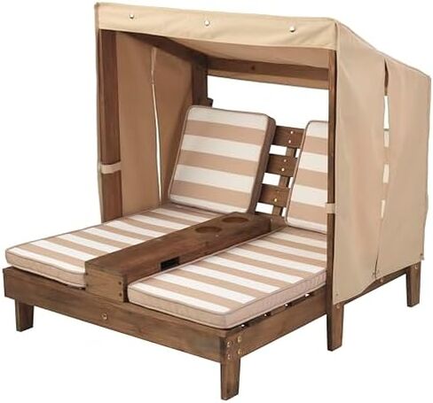 KidKraft Wooden Outdoor Double Chaise Lounge with Cup Holders, Patio Furniture for Kids or Pets, Espresso with Oatmeal and White Striped Fabric in Saudi Arabia