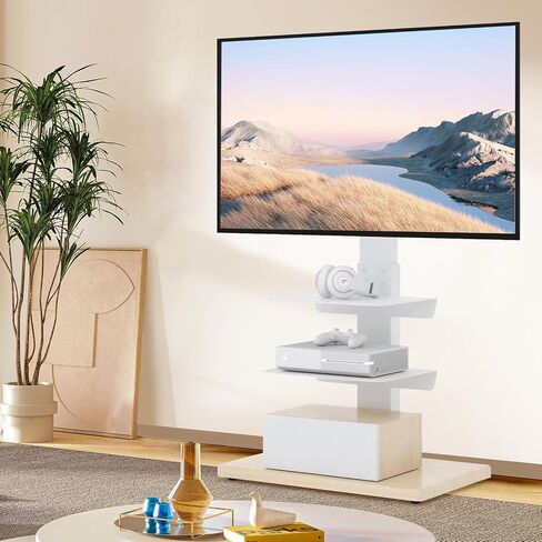 YOMT Floor TV Stand with Sturdy Wood Base, Tall Universal TV Stand with Mount for Most 32-75 inch TVs up to 110 lbs, Height Adjustable TV Stand with Swivel, TV Mount Stand with Media Shelves, Black in Saudi Arabia
