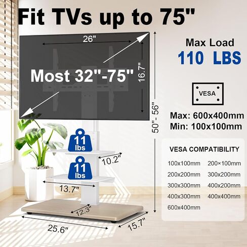 YOMT Floor TV Stand with Sturdy Wood Base, Tall Universal TV Stand with Mount for Most 32-75 inch TVs up to 110 lbs, Height Adjustable TV Stand with Swivel, TV Mount Stand with Media Shelves, Black in Saudi Arabia