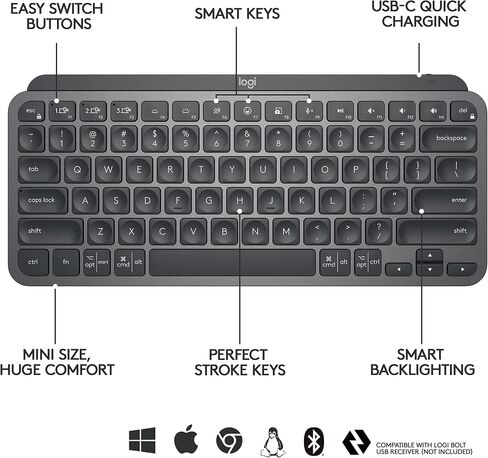 لوحة مفاتيح Logitech MX Keys Mini Minimalist اللاسلكية المضيئة، مدمجة، بلوتوث، إضاءة خلفية، USB-C، متوافقة مع Apple macOS، iOS، Windows، Linux، Android، هيكل معدني - جرافيت (متجدد) in Saudi Arabia