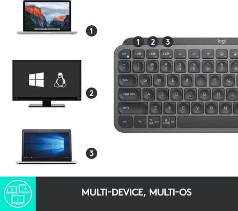 لوحة مفاتيح Logitech MX Keys Mini Minimalist اللاسلكية المضيئة، مدمجة، بلوتوث، إضاءة خلفية، USB-C، متوافقة مع Apple macOS، iOS، Windows، Linux، Android، هيكل معدني - جرافيت (متجدد) in Saudi Arabia