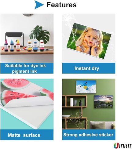 ورق صور لاصق غير لامع ذاتي اللصق من Uinkit 100 ورقة مقاس 8.5x11، 6.8Mil 128gsm للطابعات النافثة للحبر in Kuwait